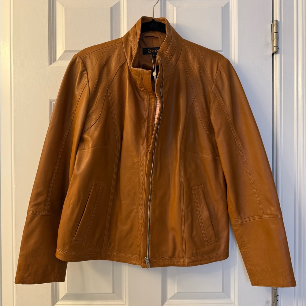 NWT Quince Leather Stand- Collar Jacket in Cognac - Picture 9 of 16